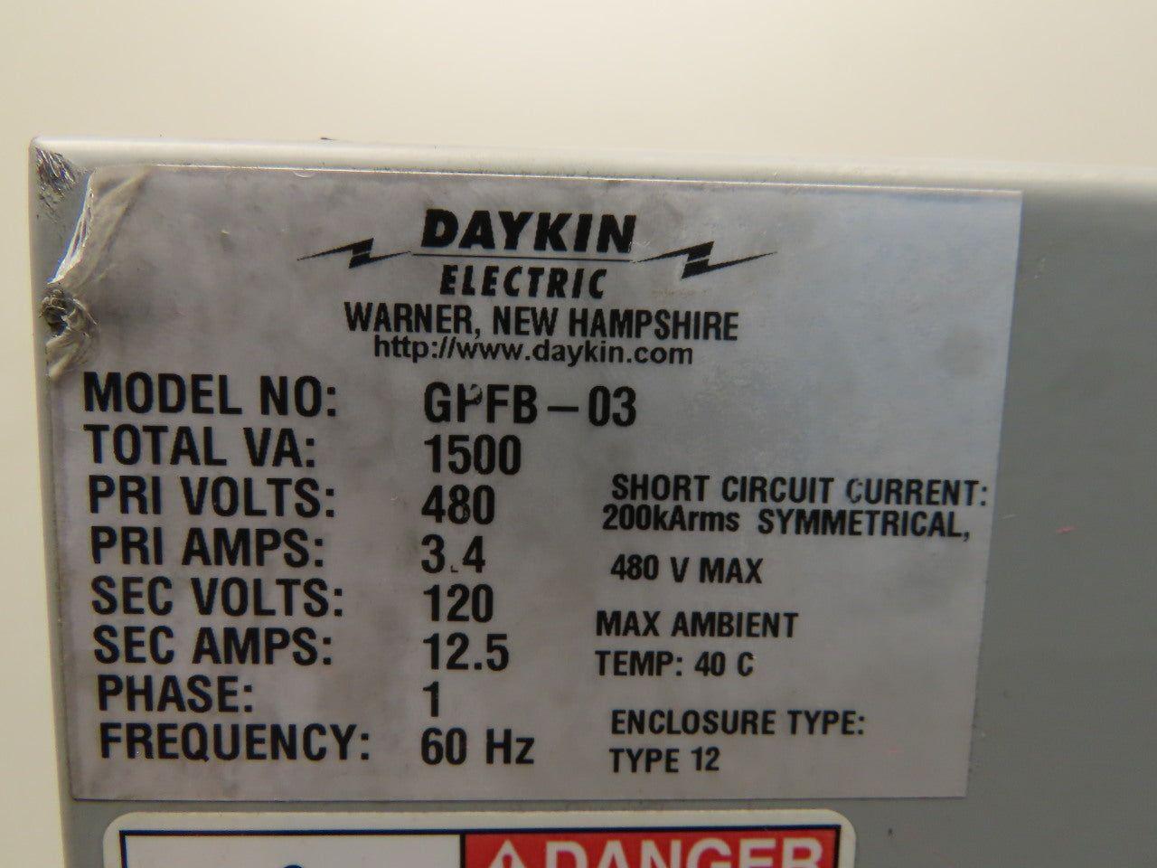 Daykin GPFB-03 Enclosed Transformer Disconnect 1500VA 480V Pri 120V Sec 1PH