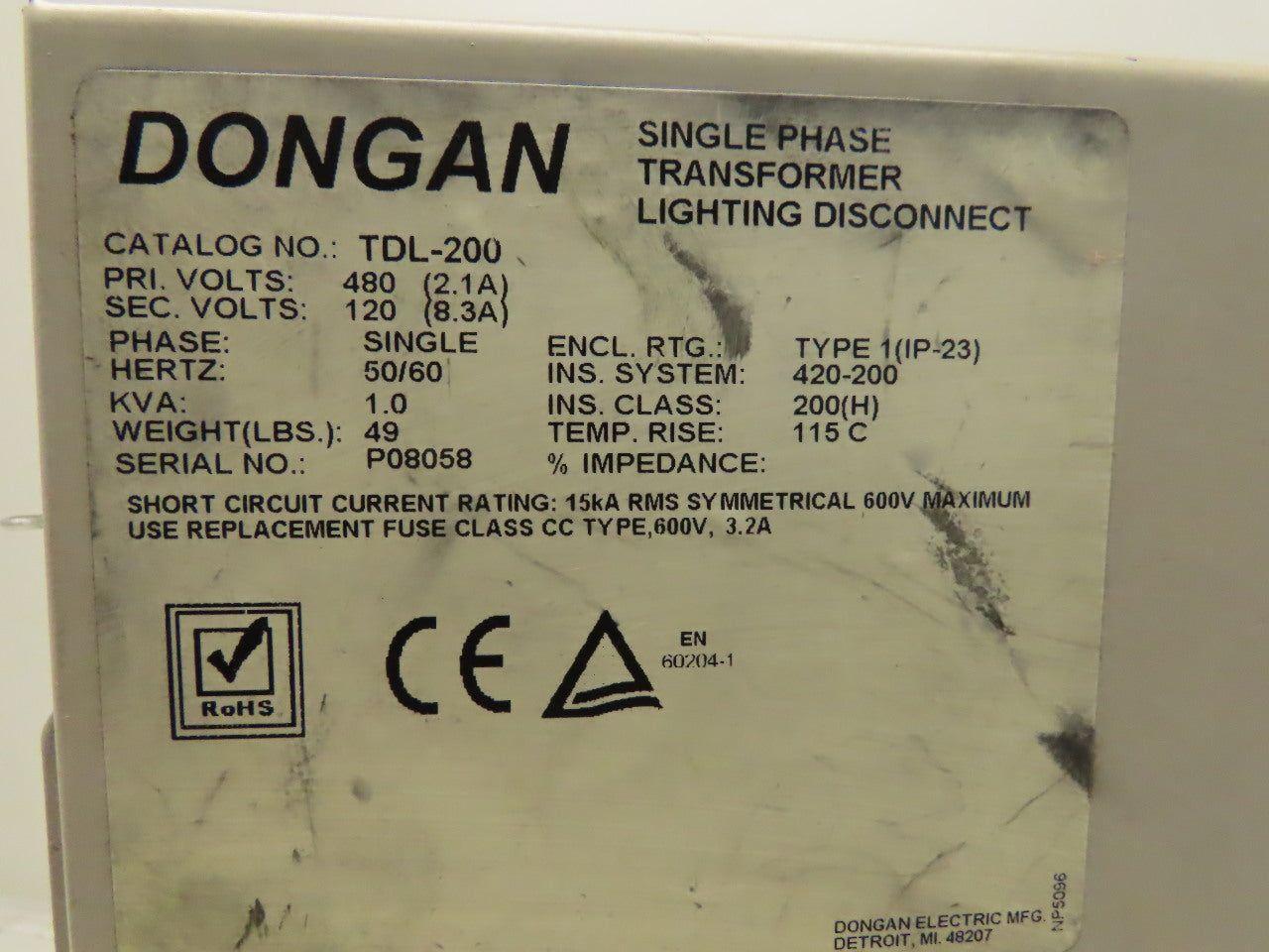 Dongan TDL-200 Enclosed Transformer Disconnect 1KVA 480V Pri 120V Sec 1PH