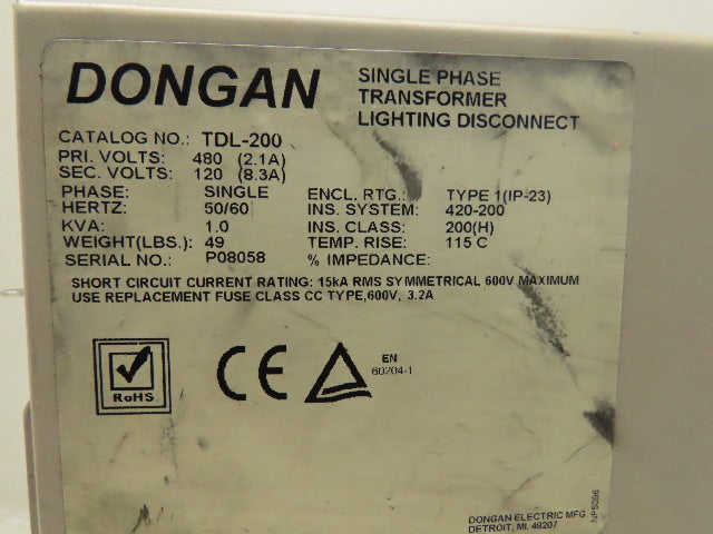 Dongan TDL-200 Enclosed Transformer Disconnect 1KVA 480V Pri 120V Sec 1PH