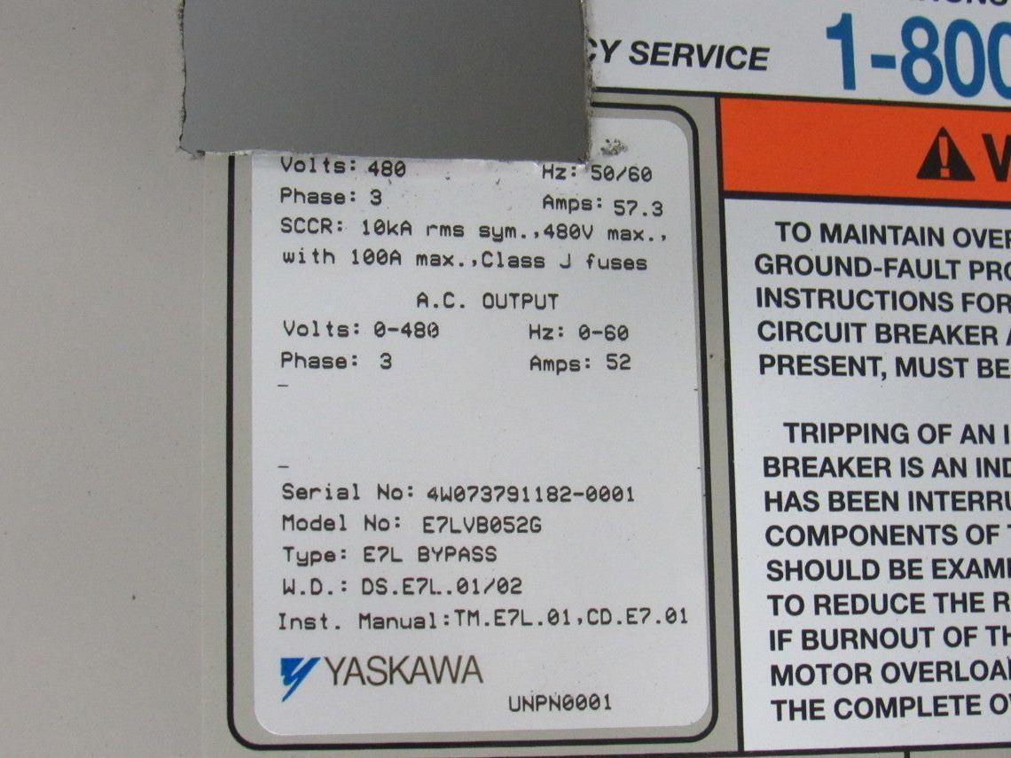 Yaskawa E7LVB052G VFD Drive Bypass Assembly 51KVA 380-480V In 0-480V Out 50/60HZ