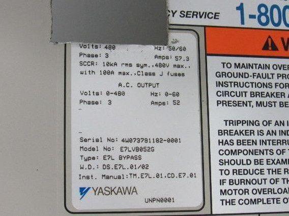 Yaskawa E7LVB052G VFD Drive Bypass Assembly 51KVA 380-480V In 0-480V Out 50/60HZ