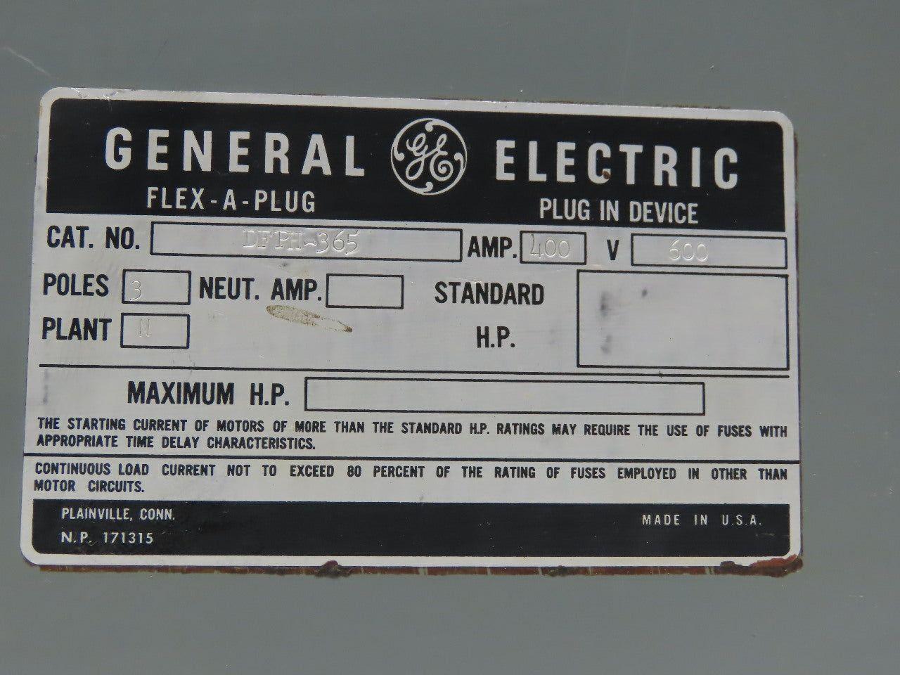 General Electric DFPH-365 600V 400A Bus Bussway Plug Fusible Disconnect