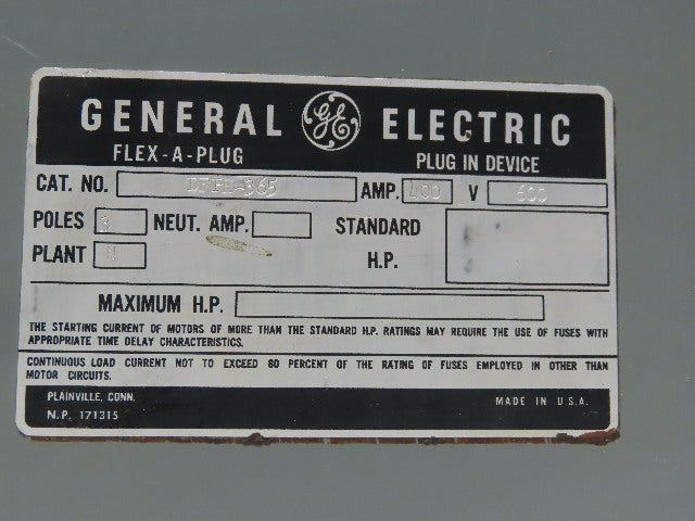 General Electric DFPH-365 600V 400A Bus Bussway Plug Fusible Disconnect