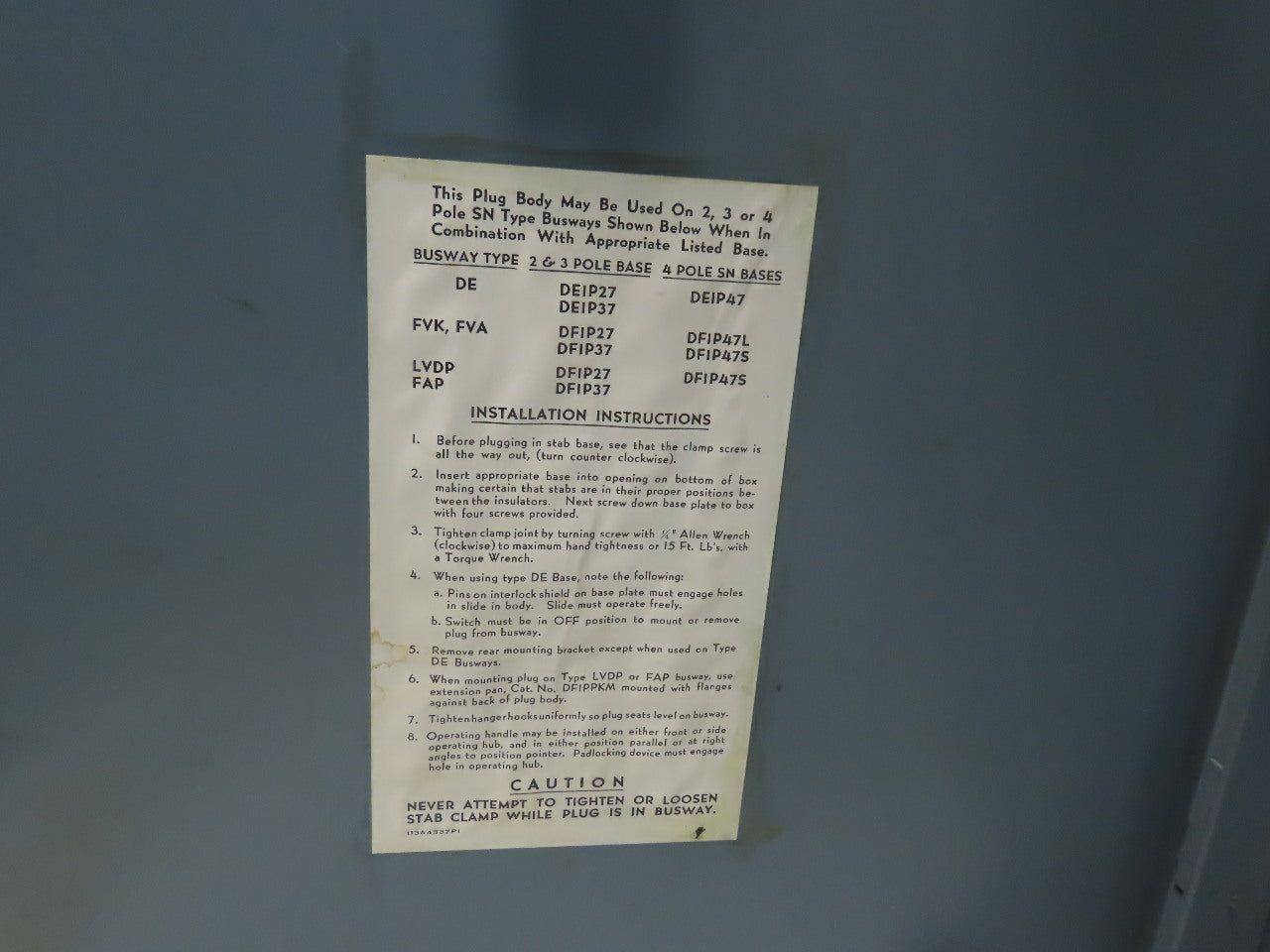 General Electric DFPH-365 600V 400A Bus Bussway Plug Fusible Disconnect