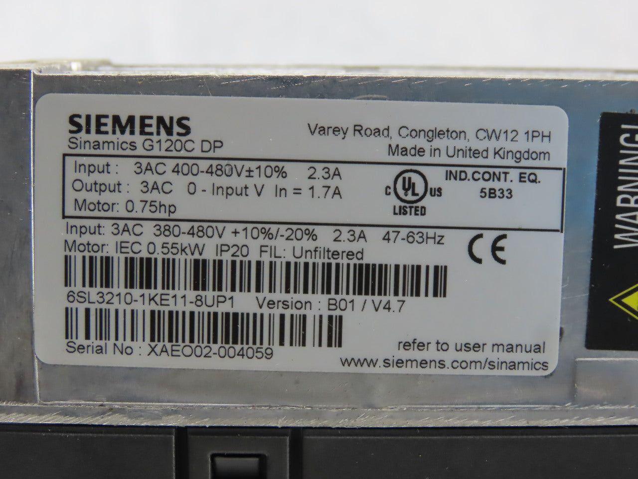 Siemens 6SL3210-1KE11-8UP1 Sinamics G120C DP 0.75HP 400-480VAC 2.3A