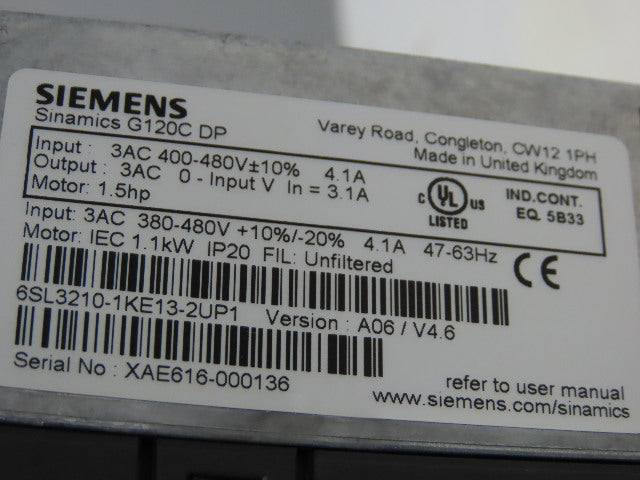 Siemens 6SL3210-1KE13-2UP1 Sinamics G120C DP 1.5HP 380-480V 4.1A