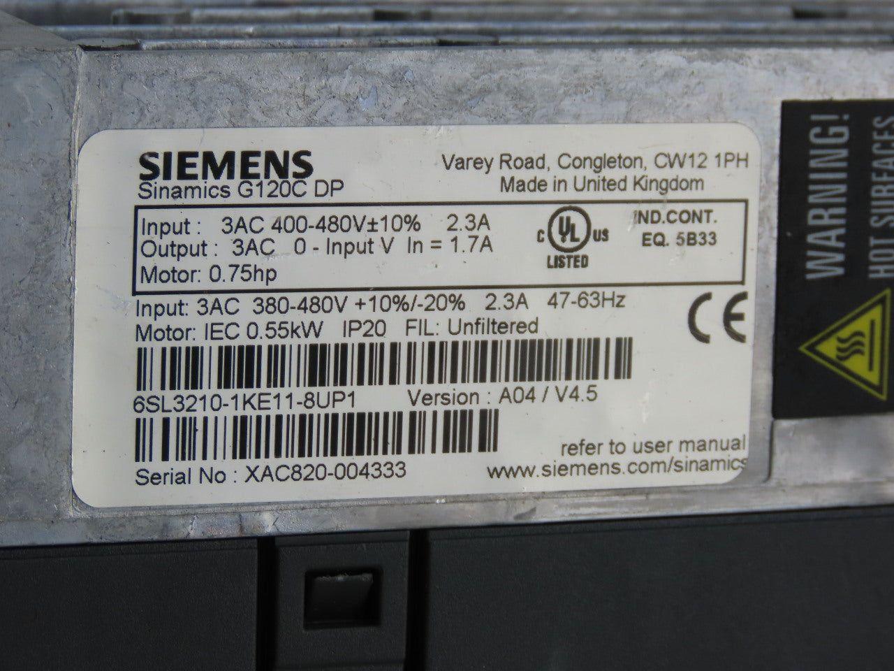Siemens 6SL3210-1KE11-8UP1 Sinamics G120C DP 0.75HP 400-480VAC 2.3A