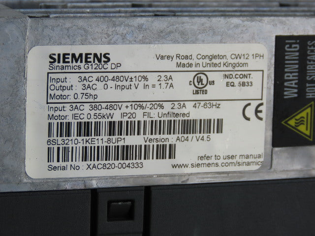 Siemens 6SL3210-1KE11-8UP1 Sinamics G120C DP 0.75HP 400-480VAC 2.3A