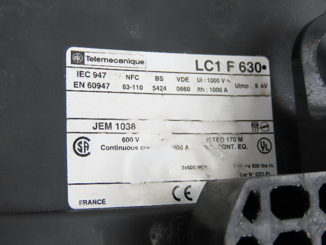 Telemecanique Square D LC1F6302 Mechanical Contactor 600V 1000A Continuous 2Pole