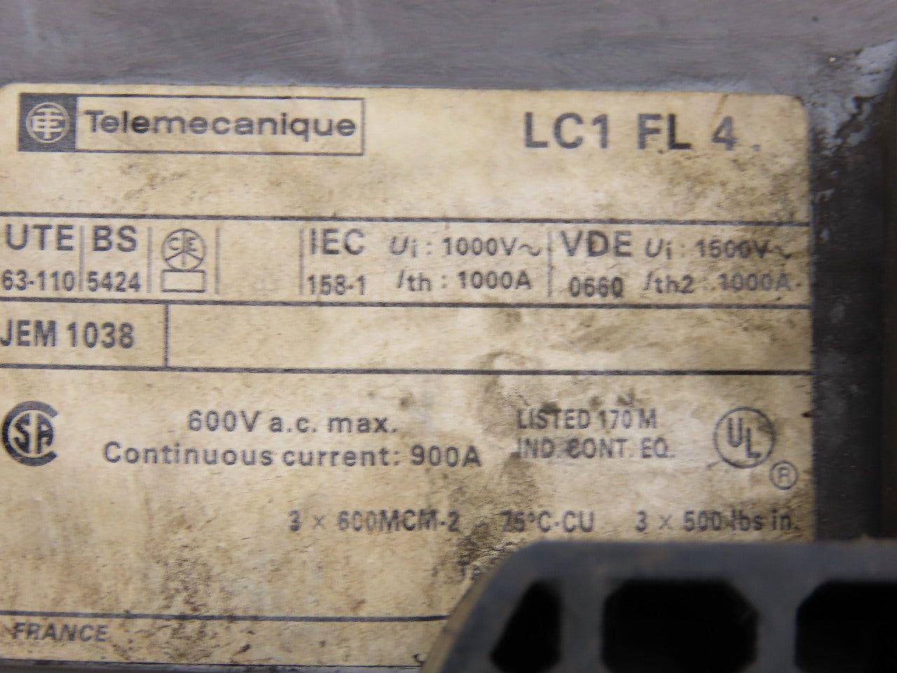 Telemecanique Square D LC1 FL 42 Mechanical Contactor 600V 900A Continuous 2Pole