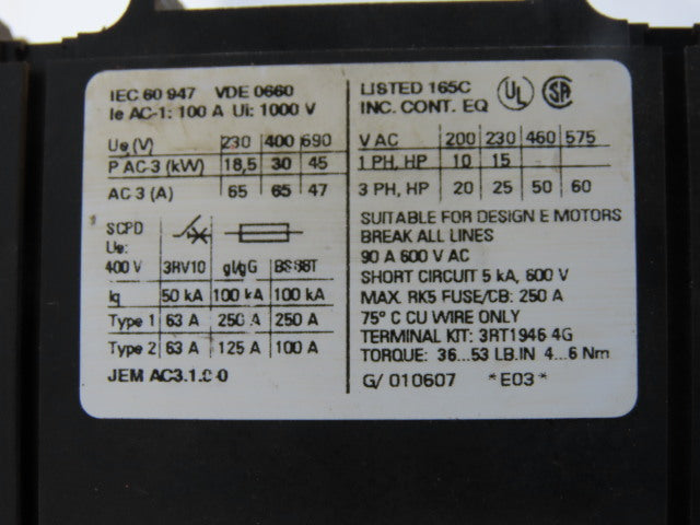 Siemens 3RT1044-3BB40 3P 65A Power Contactor W/3RH1921-2FA22 Coil 24V