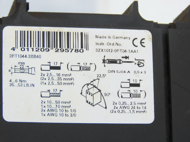 Siemens 3RT1044-3BB40 3P 65A Power Contactor W/3RH1921-2FA22 Coil 24V