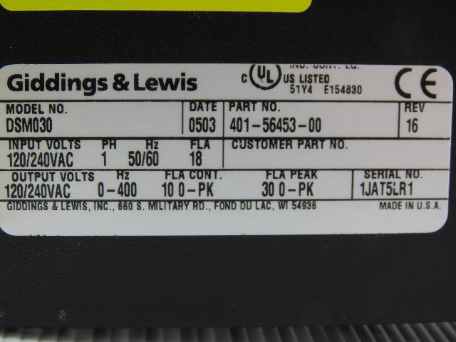 Giddings&Lewis DSM030 Automation Control Micro DSM Drive 120/240VAC Single Ph