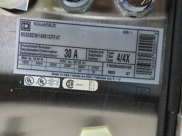 Square D 8538SCW14V81CFF4T 30A 600V 10Hp MAX Stainless Steel Combo Starter