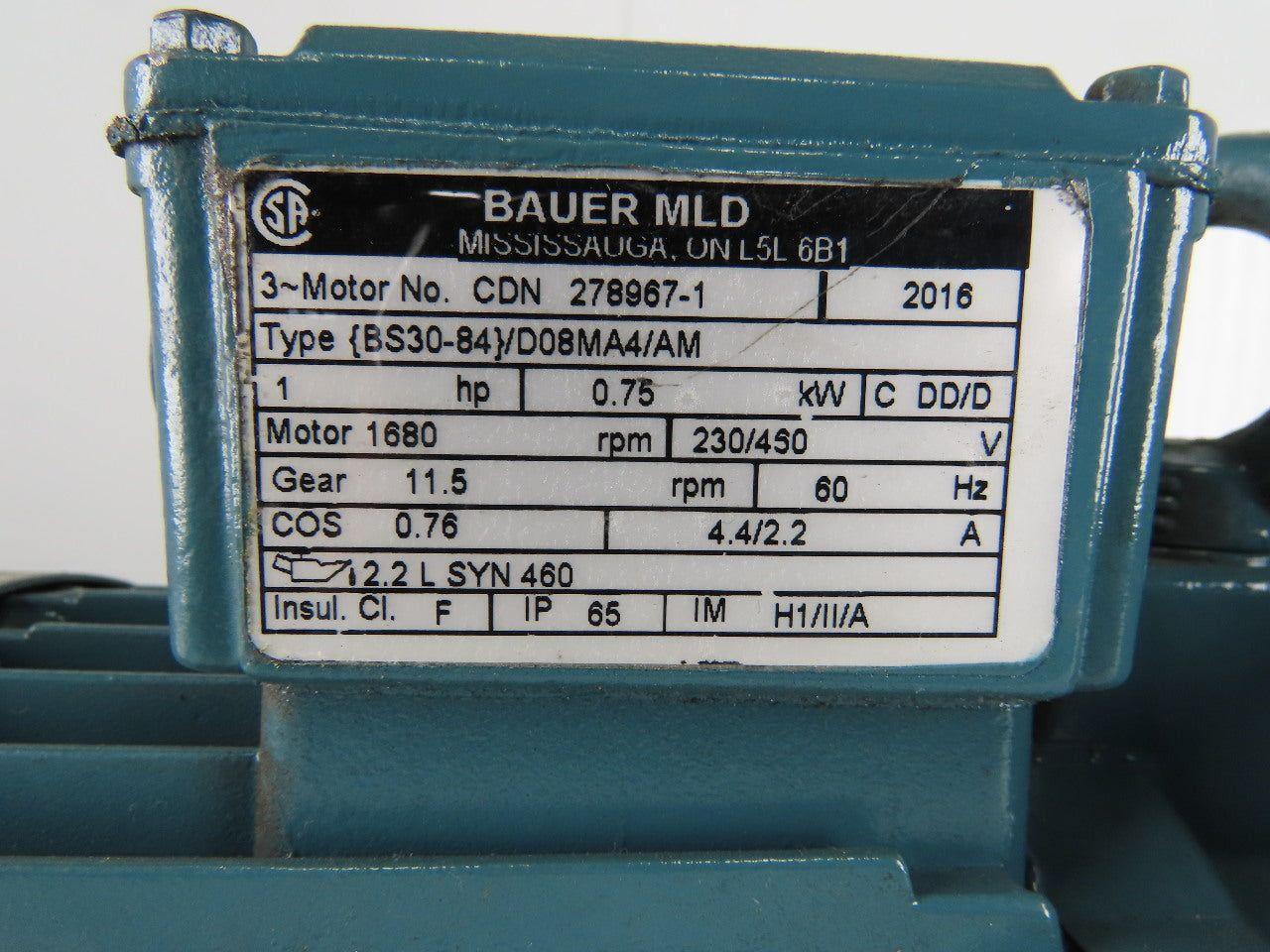 BAUER 1Hp Gear Motor Hollow Thru Shaft 230/460V 3Ph 11.5 RPM {bs30-84}/d08ma4/am