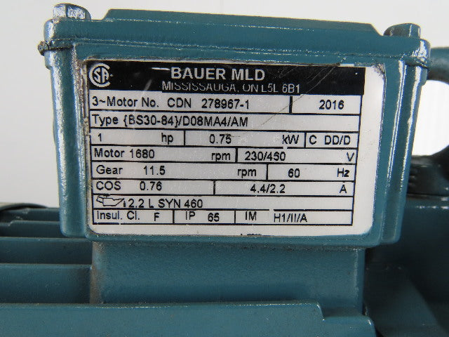 BAUER 1Hp Gear Motor Hollow Thru Shaft 230/460V 3Ph 11.5 RPM {bs30-84}/d08ma4/am