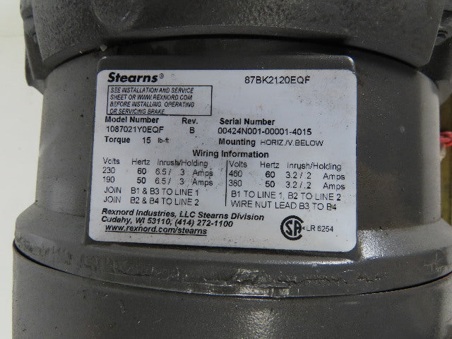 Baldor 5/2-1/2Hp Electric Motor 460V 1725/850RPM 215TC Stearns1087021Y0EQF Brake