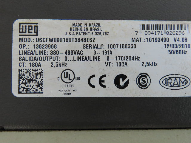 WEG USCFW090180T3848ESZ CFW 09 Adjustable Vecture Inverter Drive 380-480V 3-191A
