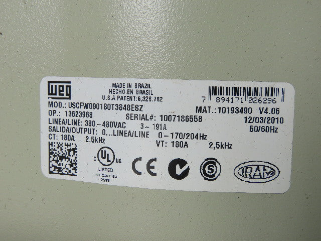 WEG USCFW090180T3848ESZ CFW 09 Adjustable Vecture Inverter Drive 380-480V 3-191A