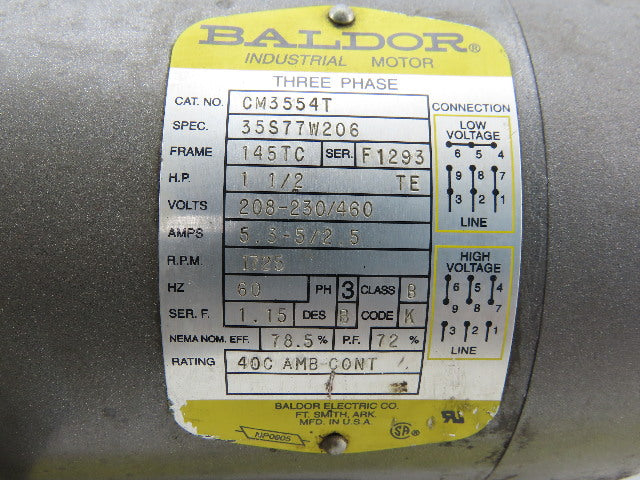Baldor CM3554T 1/2Hp Gear Motor 208-230/460V 3Ph 10:1 Ratio 7/8" Shaft 174RPM