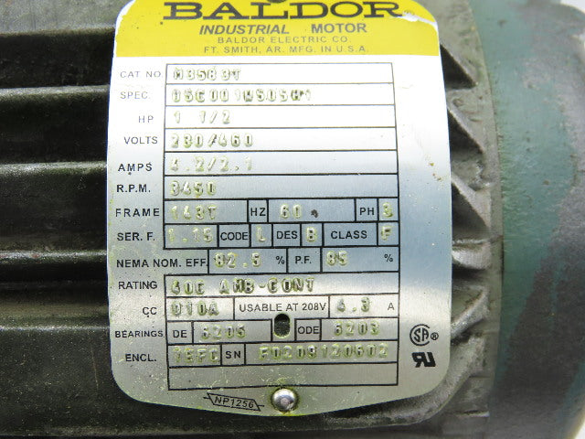 Baldor M3583T 1-1/2Hp Electric Motor 230/460V 3Ph 143T Frame 3450 RPM