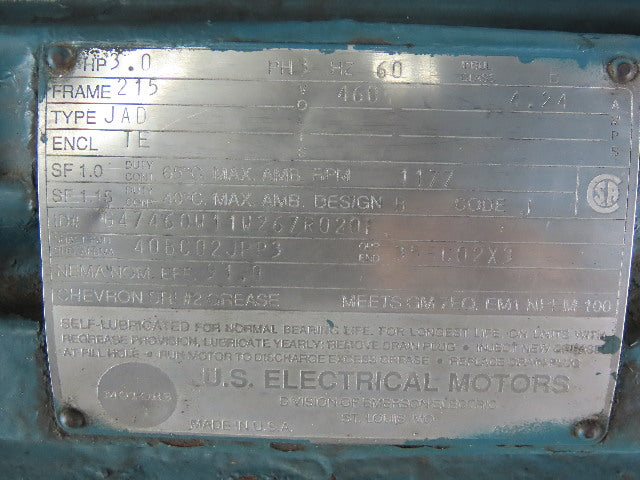 US Motors G47460W11W267R020F 3HP 460V 3Ph Wet Brake Electric Motor 215 1177RPM