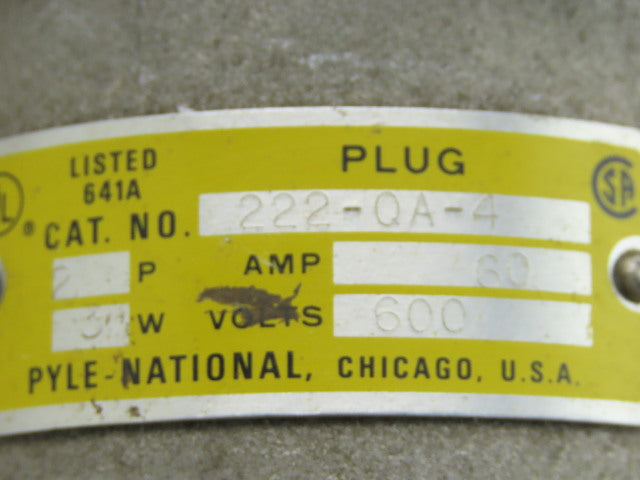 Pyle National 222-0A-4 600V Plug Receptacle 60A 2 Pole 3 Wire