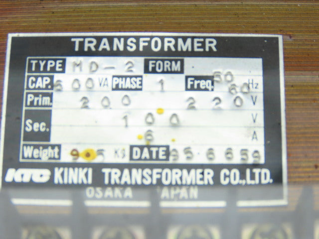 KTC Kinki Type MD-2 600VA Transformer 200/220V Pri 100V Sec 50/60HZ