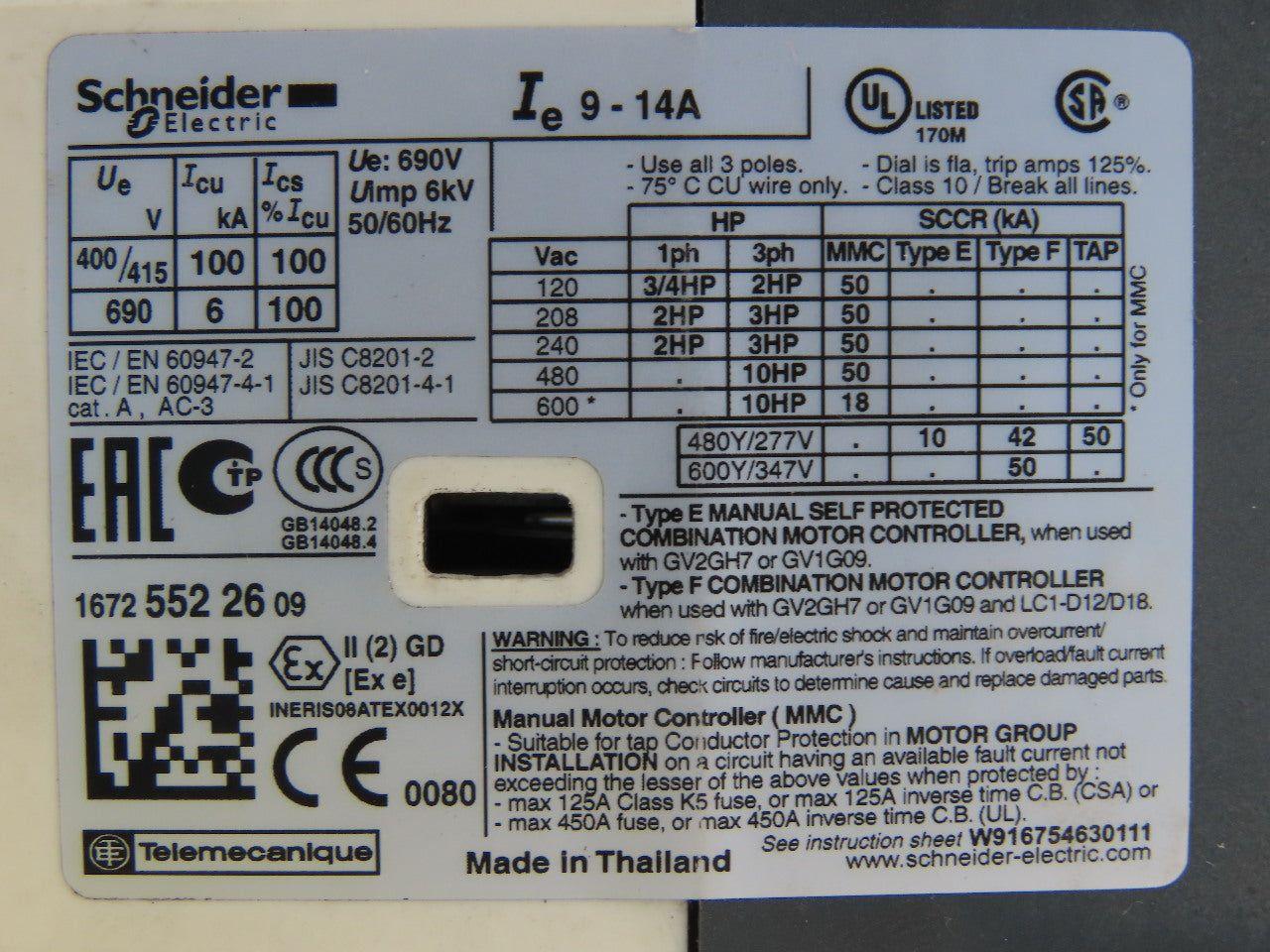 Schneider Electric GV2-P16/9-14A 3 Pole Contactor Motor Starter 600V