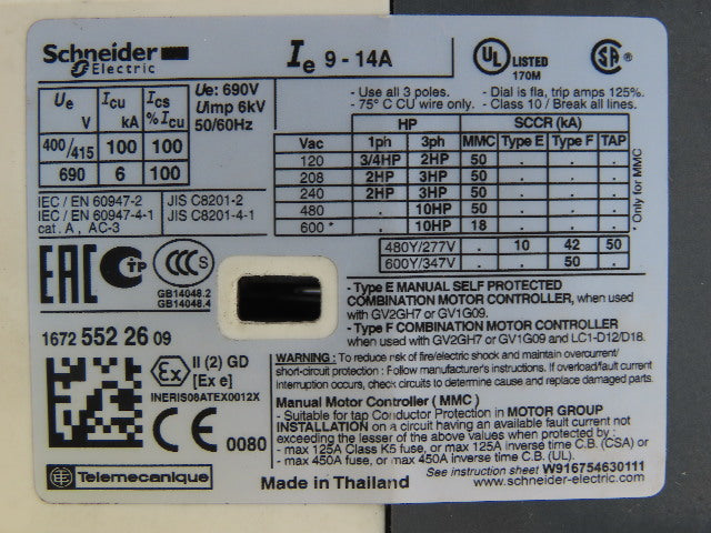 Schneider Electric GV2-P16/9-14A 3 Pole Contactor Motor Starter 600V
