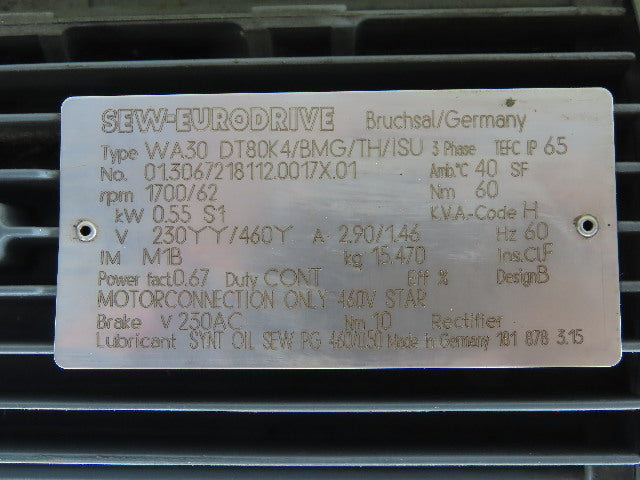 SEW-EURODRIVE WA30 DT80K4/BMG/TH/ISU 0.55KW Gear Motor 230/460V 3Ph 62RPM