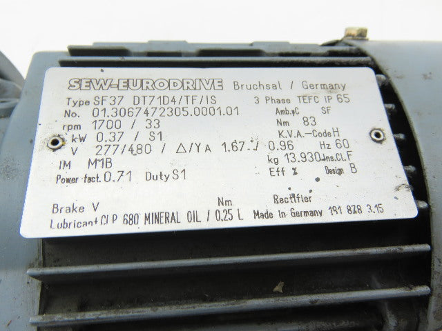 SEW-EURODRIVE SF37 DT71D4/FS/IS 0.27Kw Gear Motor 277/480V 3Ph 33RPM 20mm Shaft