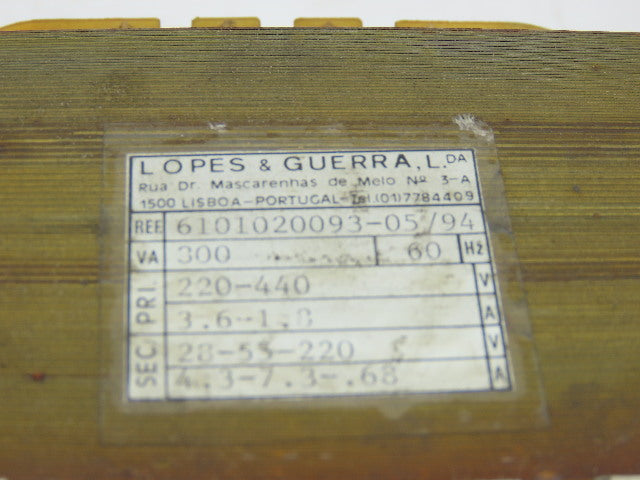 Lopes & Guerra 300VA Transformer 220-440 HV 28-55-220 LV