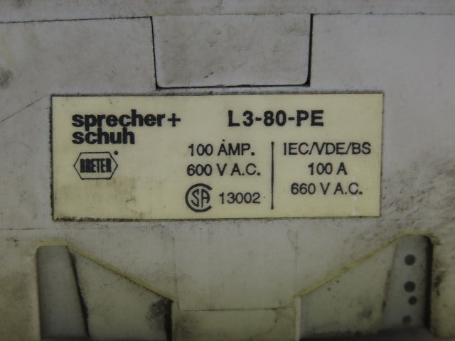 Specher + Schuh L3-80-PE 100A 600V Disconnect Safety Switch W/Operator 3 Pole