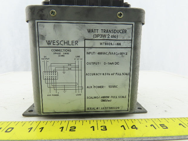 Weschler WTB020J-480 Watt Transducer Input 480V/5A Ac Output 0-1mA DC
