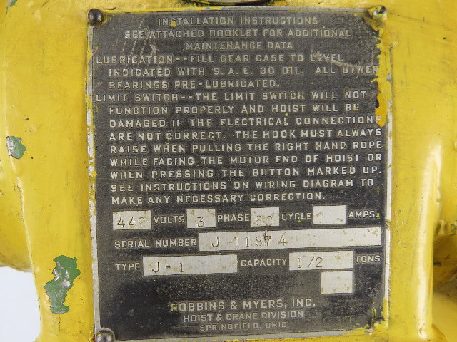 Robbins & Myers 1/2 Ton Electric Cable Hoist 220/440V 3Ph 13' Lift 16FPM Trolley