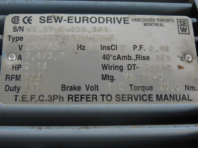 SEW-EURODRIVE RX67DT90S2BM62HF 2.14Hp Gear Motor 159.82RPM Output 23/460V 3Ph