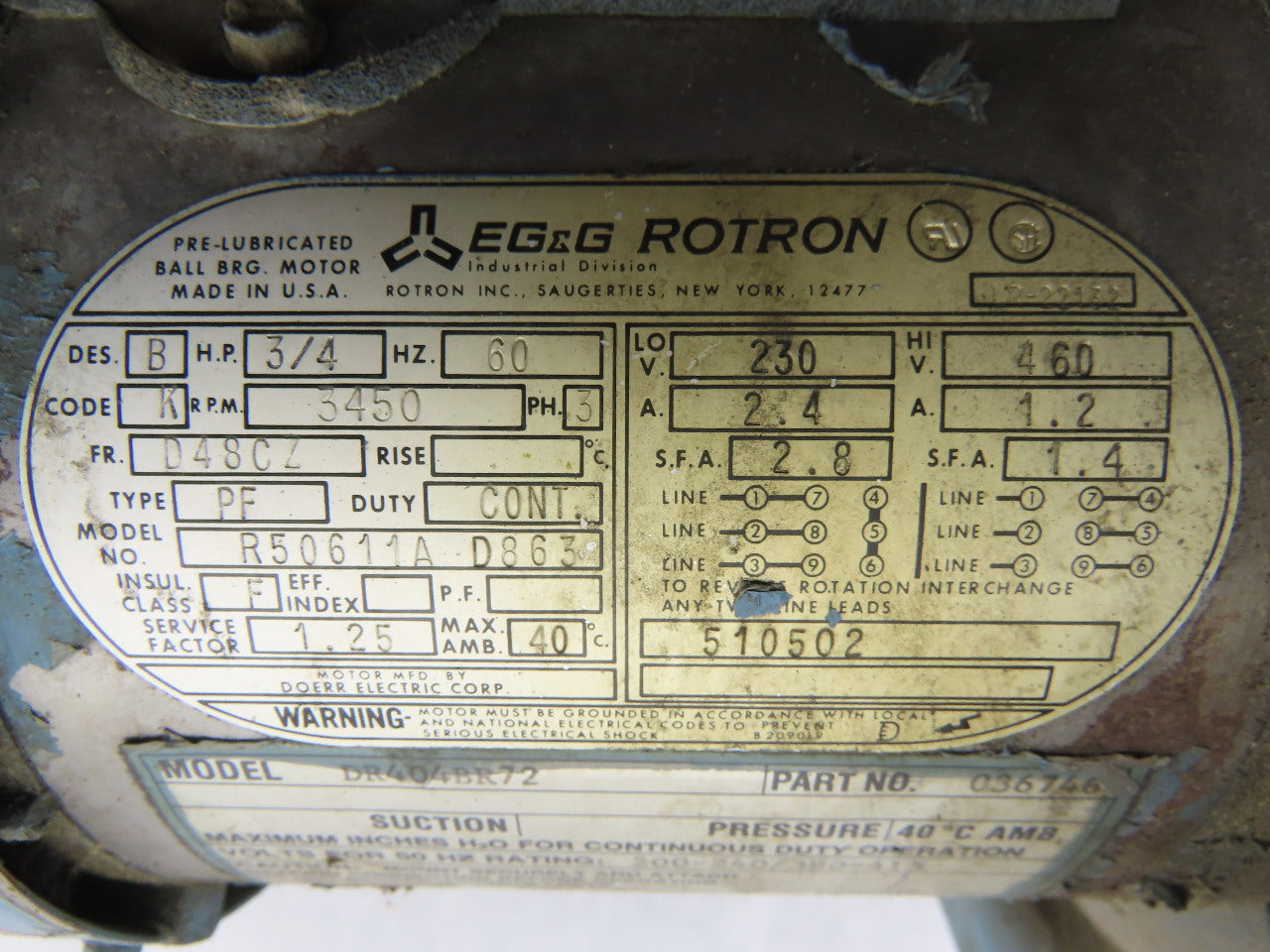 EG&G Rotron 036746 DR404BR72 3/4Hp Regenerative Vacuum Blower 230/460V 3Ph