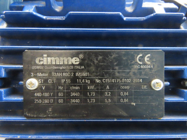 CIMME T2AH 80C-2 1.73KW Electric Motor 440-480 Y 250-280 D 3440 RPM