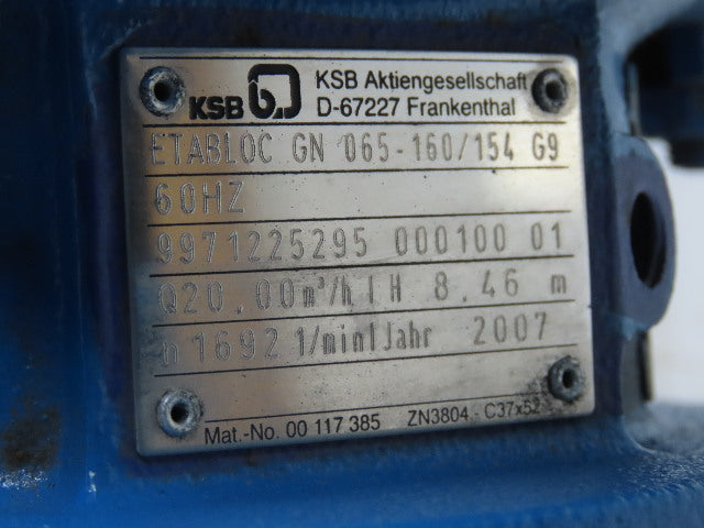 KSB ETABLOC GN 065-160/154 1.75Kw 2-1/2"x3" Centrifugal Pump End Suction 480Y