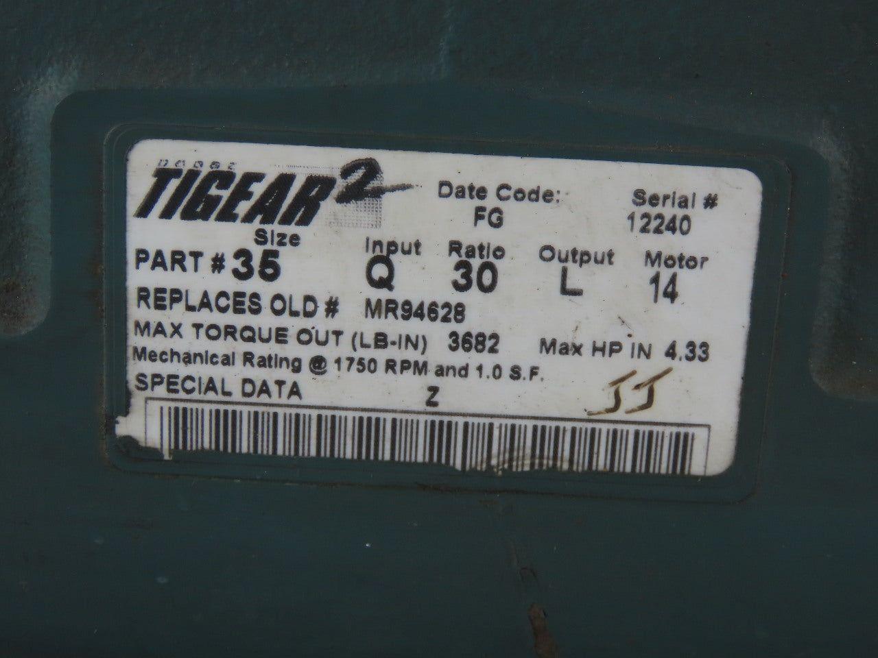 Dodge Tigear 2 Size 35 Worm Gear Box Speed Reducer 30:1 Ratio 4.43Hp