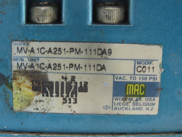 MAC MV-A1C-A251-PM-111DA9 Pneumatic Solenoid Valve W/Base & 120V Coil