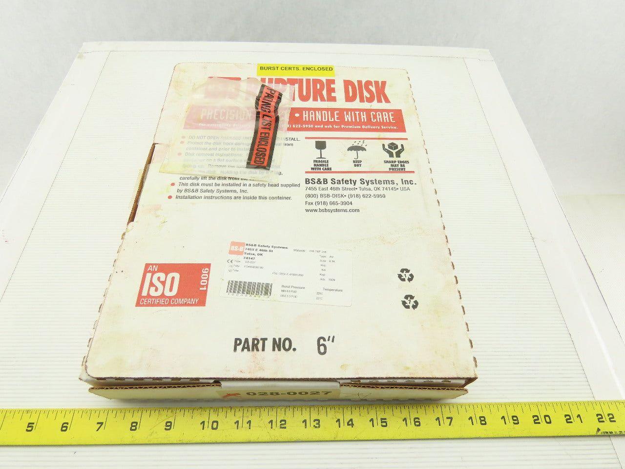 BS & B 6" AV Rupture Disc 316 Stainless Steel 4.0PSDI Min 6.5PSID Max 221°C