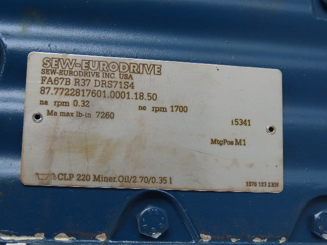 Sew Eurodrive FA67B R37 DRS71S4 Parallel Shaft Helical Gearmotor230/460V 32RPM