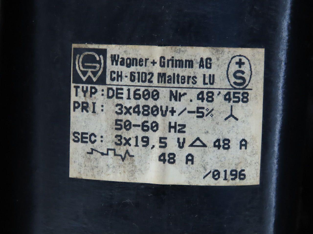 Wagner + Grimm Type DE1600 Transformer 3X480V Primary 3xa9,5 V Secondary