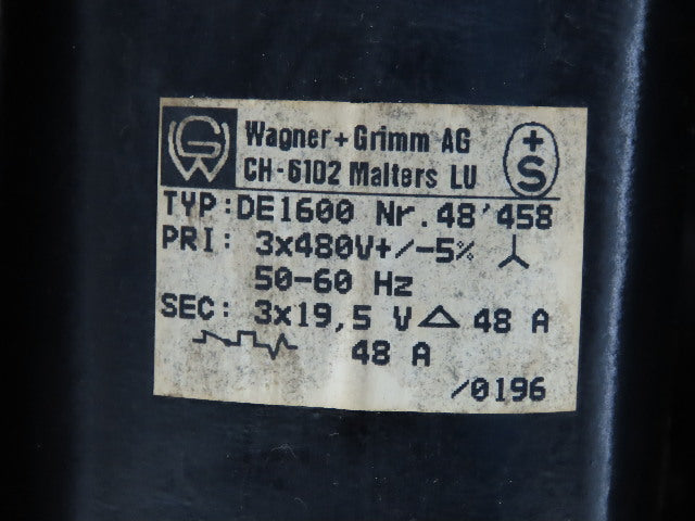 Wagner + Grimm Type DE1600 Transformer 3X480V Primary 3xa9,5 V Secondary
