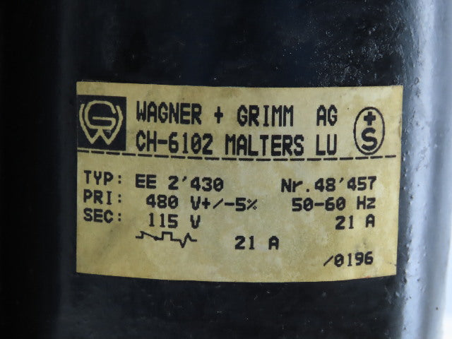 Wagner + Grimm Type EE 2' 430 Transformer 480V Primary 115V Secondary