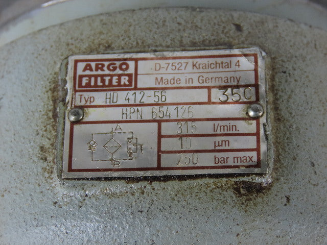 Argo Filter HD 412-56 High Pressure Filter Assembly 315 LPM 250 Bar Max