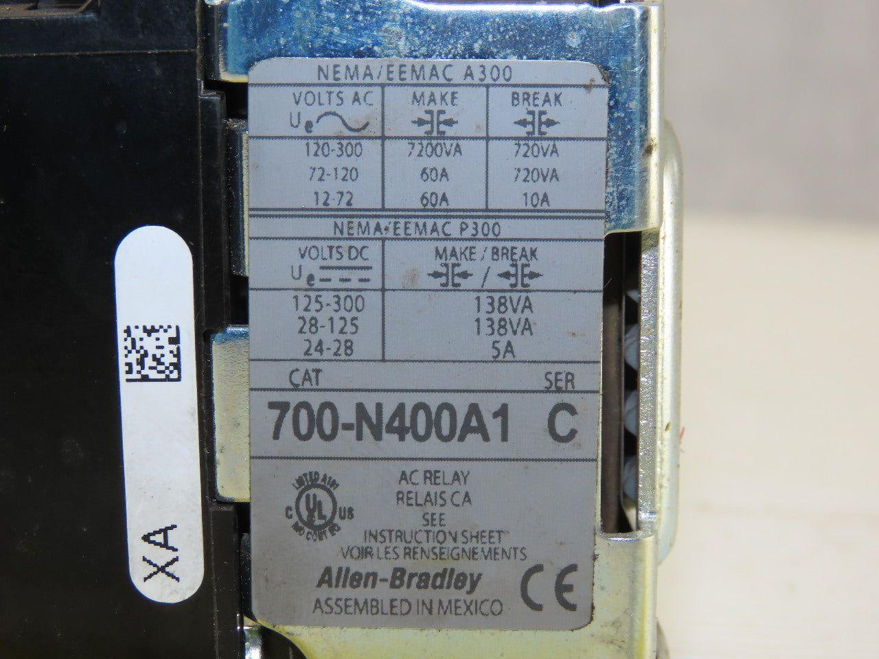 Allen Bradley 700-N400A1 Ser C Control Relay 120V Coil W/700-NA20 Aux Contacts