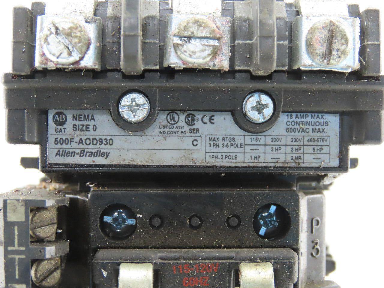 Allen Bradley 500F-AOD930 Sec. C Contactor Size 0 5Hp Starter 3P 120V Coil Relay
